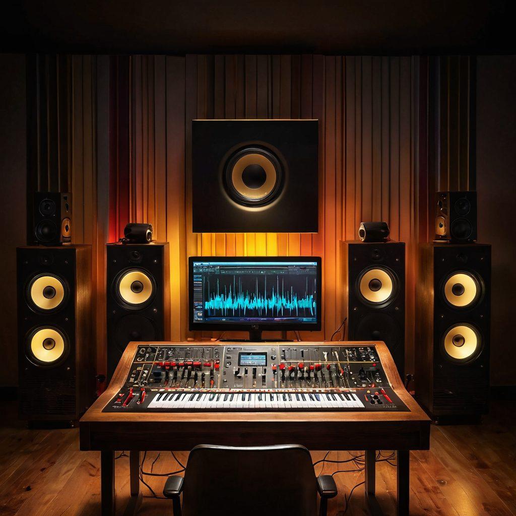 A creative workspace filled with vintage audio equipment, a mixing console illuminated by warm lights, and sound waves visually emerging from speakers. Incorporate elements like musical notes and vibrant colors to symbolize the artistry in sound design. Include a silhouette of a person passionately adjusting knobs and sliders, representing the mastery of audio mixing. super-realistic. vibrant colors. 3D.