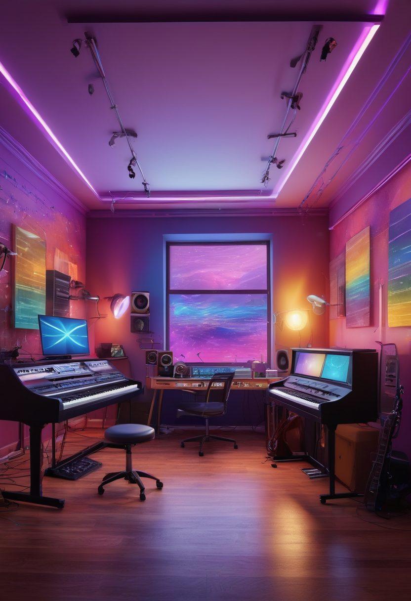 A vibrant music studio filled with innovative audio tools and a diverse group of musicians passionately creating music together. Brightly colored lights illuminate the space, showcasing musical instruments and digital interfaces, reflecting creativity and emotion. In the background, abstract sound waves and musical notes swirl around, embodying the revolution in music creation. A warm, inviting atmosphere that inspires collaboration and expression. super-realistic. vibrant colors. 3D.