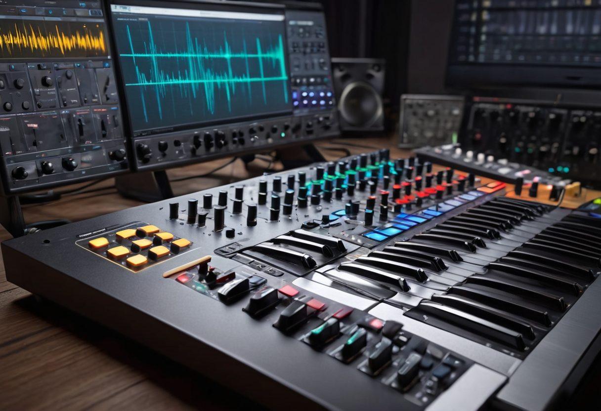 A dynamic audio production scene showcasing a sleek, modern digital audio workstation (DAW) interface on a computer screen with various Kjaerhus Audio plugins open. In the foreground, a musician passionately playing an electric guitar and adjusting knobs on a mixing console. Surrounding the scene, vibrant sound waves and musical notes visually representing creativity and innovation. Lively colors and a sense of movement to emphasize the revolution in music creation. super-realistic. vibrant colors. 3D.